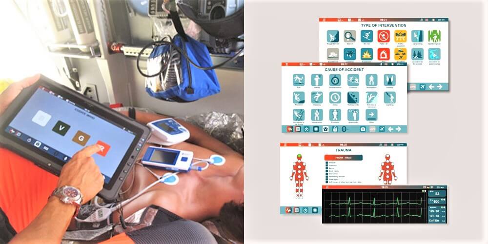 Foto di un infermiere in ambulanza mentre utilizza Zulu .E per monitorare lo stato di salute di un finto paziente a bordo