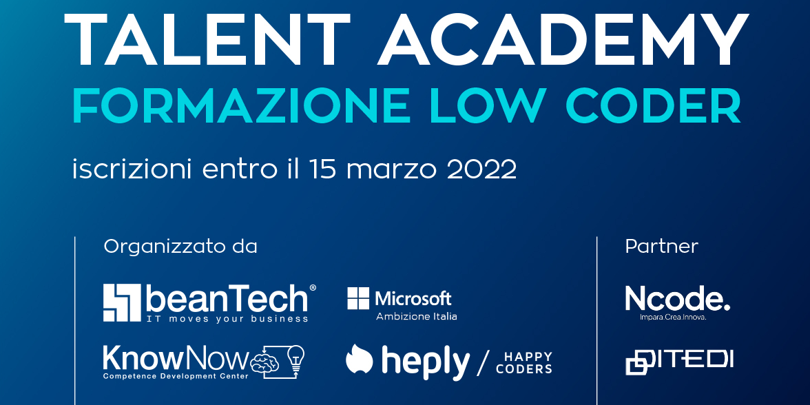 formazione low coder iscrizioni entro il 15 marzo. Collaborazione tra beanTech e heply con il supporto di ncode e ditedi